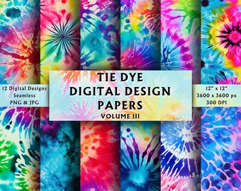 Tie Dye Digital Papers Vol 3 - Scrapbook Paper - Seamless - Digital Background - Hippie Pattern - Watercolor - Instant Download - 12 Designs