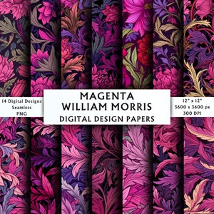 May include: A set of 14 digital paper designs featuring a magenta floral pattern inspired by William Morris. The designs are seamless and come in 30.5 cm by 30.5 cm squares at 300 DPI.