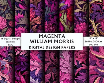 Magenta William Morris Inspired Digital Papers - Scrapbook Papers - Seamless Patterns - Antique William Morris Background - 14 Designs