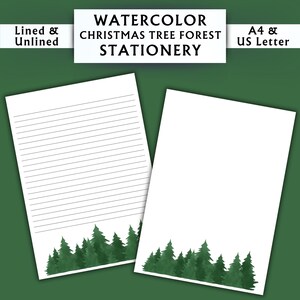 Papelería con diseño de bosque y árboles de Navidad en acuarela - Papelería imprimible - Papelería digital ecológica - Papelería con plantas - Papel de escritura digital