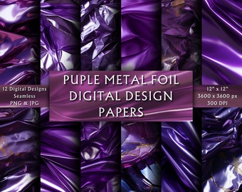 Purple Metal Foil Digital Papers - Scrapbook Papers - Seamless Patterns - Digital Background - Reflective - Instant Download - 12 Designs