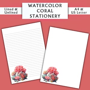 Papelería con acuarela de coral - Papelería imprimible - Papelería digital con acuarela - Papelería para acuarios - Papel de escritura digital