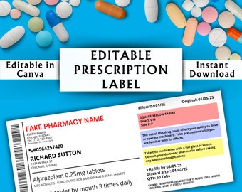 Editable Prescription Label Template - Printable Editable Horizontal RX Bottle - Pill Bottle Label - Canva Template - Instant Download #04