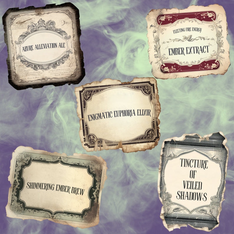 Preview image for an Editable Tattered Apothecary Labels Canva Template