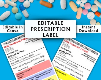Editable Prescription Label Template - Printable Editable Vertical RX Bottle - Pill Bottle Label - Canva Template - Instant Download #04