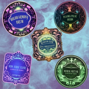 Preview image for an Editable Neon Apothecary Labels Canva Template