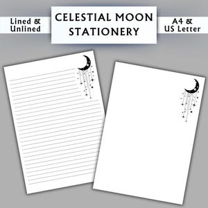 Papelería Luna Celestial - Papelería Imprimible - Papelería Digital Negra - Papelería Astrológica - Papel de Escritura Digital