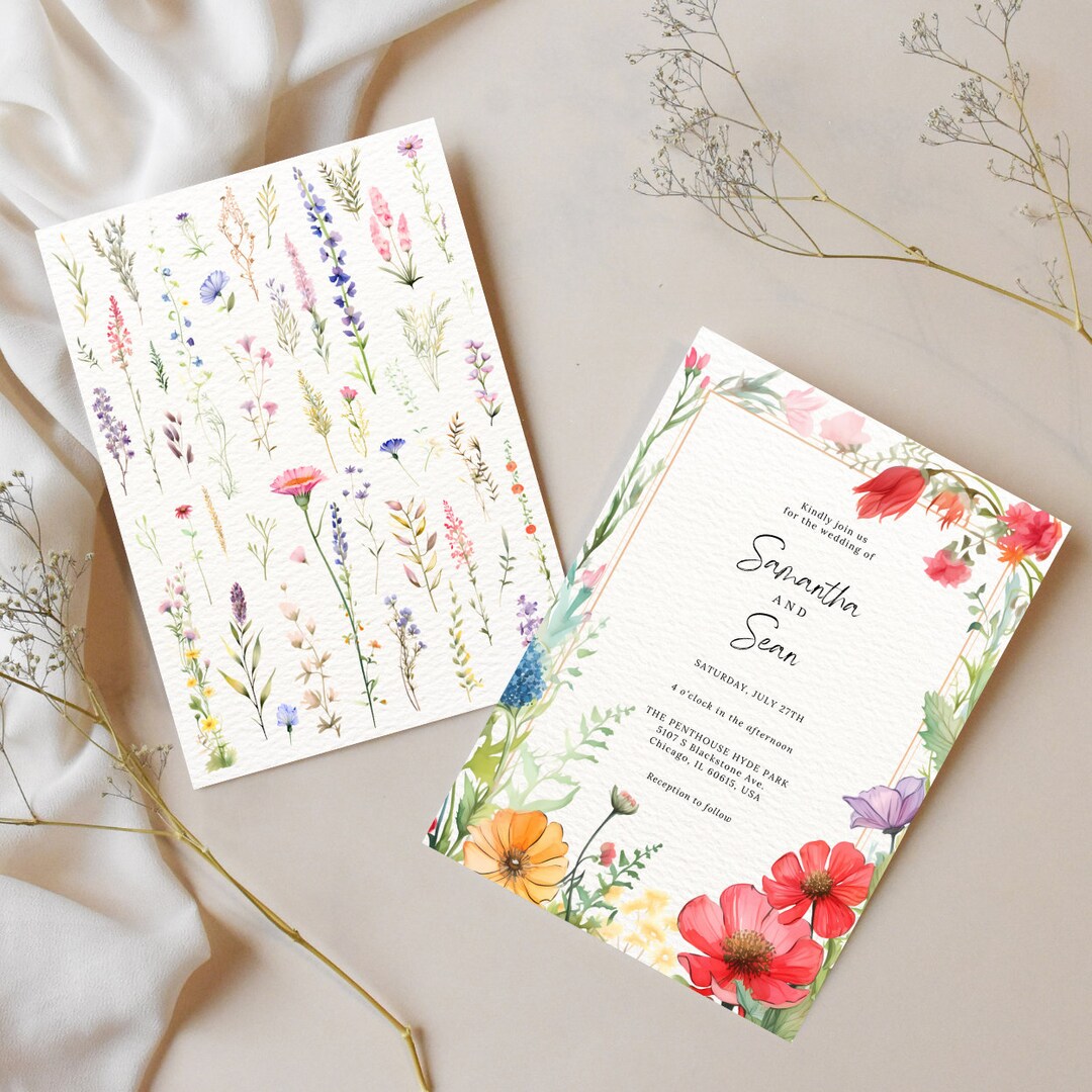 Printable Wildflower Wedding Invitation Template - Floral Wedding Invite - Boho Watercolor ...