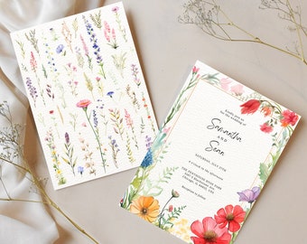 Printable Wildflower Wedding Invitation Template - Floral Wedding Invite - Boho Watercolor Wildflower Wedding Invitation - Instant Download