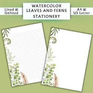 Papelería con hojas y helechos en acuarela - Papelería imprimible - Papelería digital con acuarela - Papelería con plantas - Papel para escribir digital