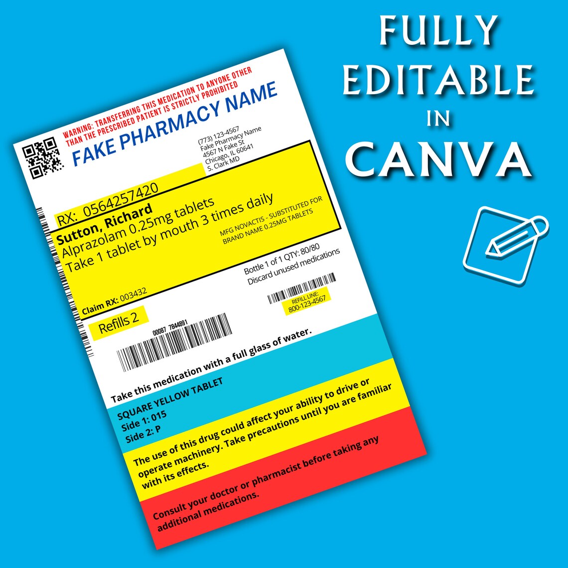 Editable Prescription Label Template - Printable Editable Vertical RX ...