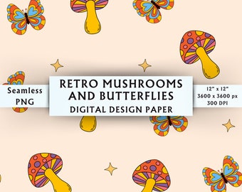 Retro Mushrooms and Butterflies Digital Paper - Hippie Nature Pattern - Bright Girl Summer Pattern - Retro Nature Design - Instant Download