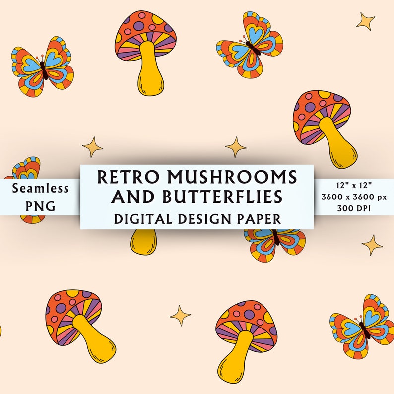 Cover image for Retro Mushrooms and Butterflies Digital Design Paper