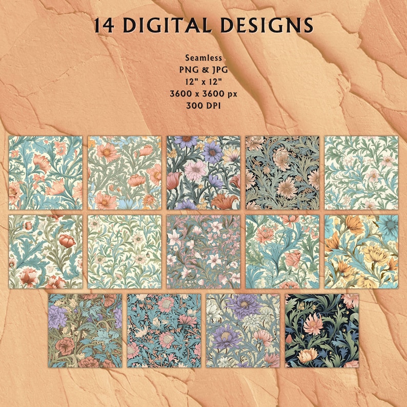 Preview image for 14 Seamless Pastel William Morris Inspired Digital Design Papers