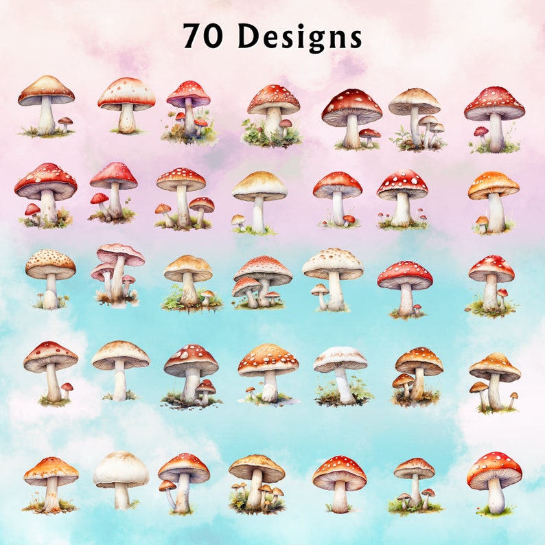 Preview image for 70 Watercolor Mushroom Clipart Digital Sticker Designs