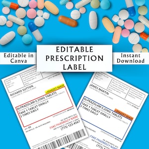 Editable Prescription Label Template - Printable Editable Vertical RX Bottle - Pill Bottle Label - Canva Template - Instant Download #01