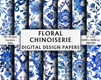 Papeles digitales con motivos florales chinoiserie - Papeles para scrapbooking - Patrones sin costuras - Fondo digital - Patrón de flores francesas - Más de 30 diseños digitales