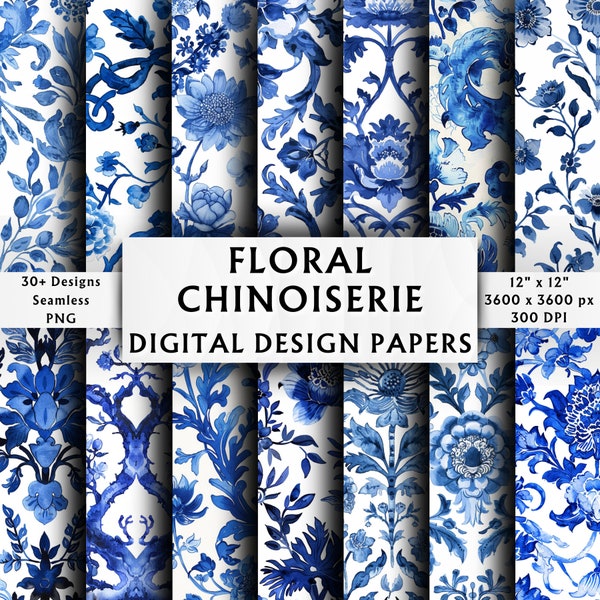 Floral Chinoiserie Digital Papers - Scrapbook Papers - Seamless Patterns - Digital Background - French Flowers Pattern - 30+ Digital Designs