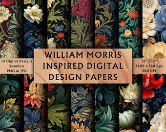 William Morris Inspired Digital Papers - Scrapbook Papers - Seamless Patterns - Digital Background - Flowers - Instant Download - 14 Designs