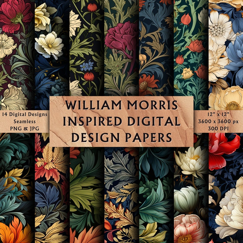 Cover image for 14 Seamless William Morris Inspired Digital Design Papers