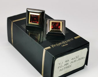 Vintage Yves Saint Laurent Clip-On Earrings – Dark Silver & Gold Metal, Red Rhinestones, Good Condition