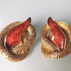 Rare Balenciaga Clip-On Earrings &#39;Flame&#39; – Gold with Copper Enamel – Festive Statement Jewelry, Like New