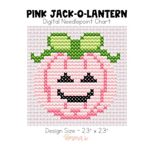 以下が含まれることがあります： 緑色の茎と笑顔の顔を持つピンクのジャック・オ・ランタンのデジタル針仕事チャート。デザインサイズは2.3インチ×2.3インチです。