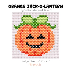May include: A digital needlepoint chart of an orange jack-o'-lantern with a green stem and a friendly face. The design size is approximately 2.3 inches by 2.3 inches.