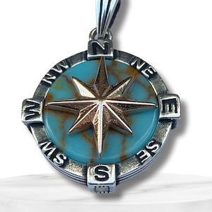 Compass Turquoise Silver Pendant Men Gold North Star Necklace 925 Sterling Silver fine Jewelry Unisex Birthday Gift Her Him Christmas Gift