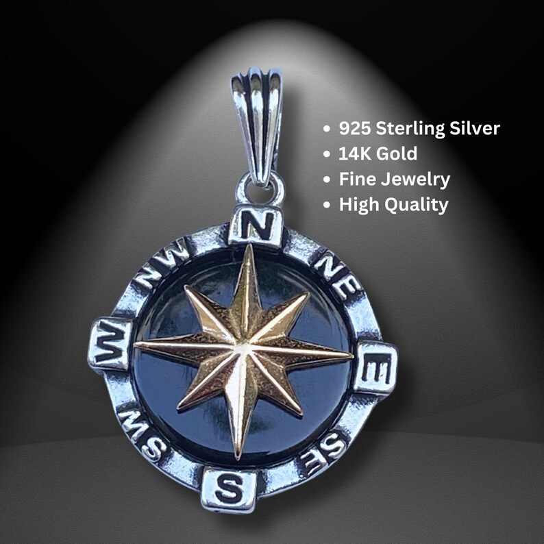 North Star Compass Pendant Men 925 Sterling Silver Gold Northstar Fine