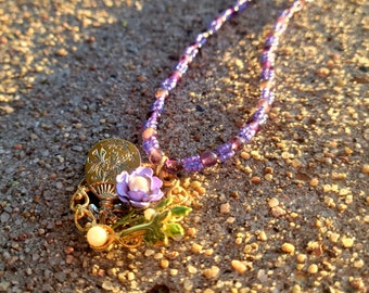 Unique Purple Flower Dragonfly Necklace