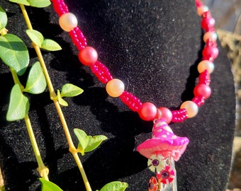 Pink Crystal Mushroom Necklace