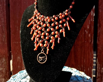 Orange Copper Bird Beaded Necklace
