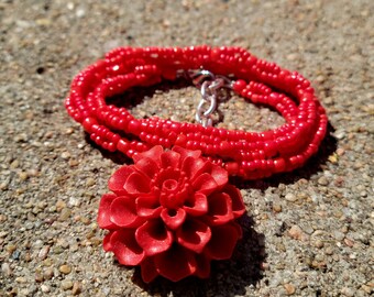 Handmade Red Flower Necklace