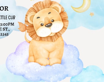 Invitación para baby shower con temática de cachorro de león: Damos la bienvenida a nuestro pequeño cachorro, invitación personalizada.