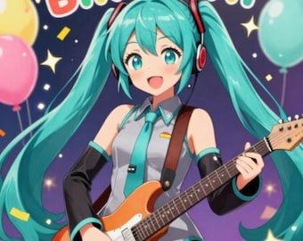 Tarjeta de cumpleaños de Miku con guitarra