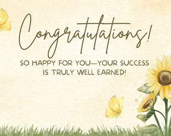 Tarjeta de felicitación personalizada: Girasoles, mariposas, mensaje de éxito