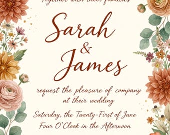 Invitación de boda floral: Anuncio personalizado y editable (Sarah y James)