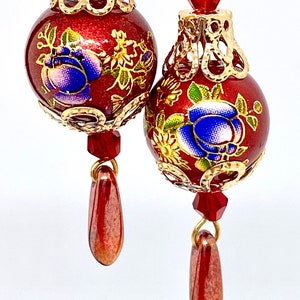 Elegant Asian Japanese Chinese Oriental Tensha bead red and gold earrings!