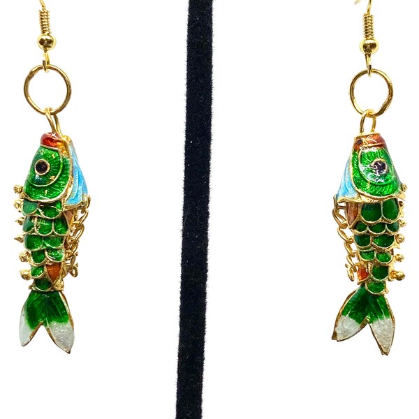 Medium Chinese Asian Oriental cloisonné articulated green wiggle fish earrings.