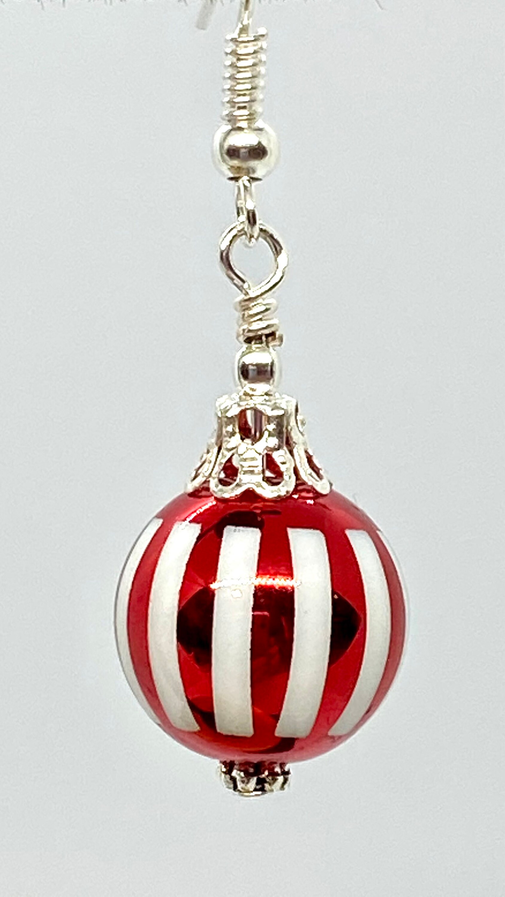Cute Christmas Tree Ornament Red and White Ball Striped Shiny Etsy