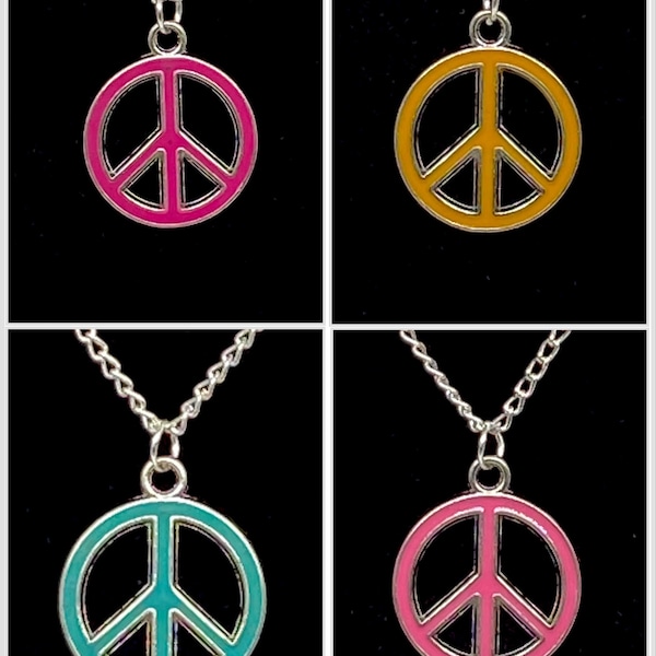 Groovy peace sign hippy hippie necklace pendant in yellow, pink, aqua or magenta!