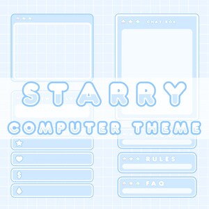 以下が含まれることがあります： 星形のフォントで「STARRY」と書かれた青と白のコンピューターテーマ。チャットボックス、ルールセクション、FAQセクション、星、ハート、ドル記号、ダイヤモンドのアイコンが付いた4つのボタンが含まれています。
