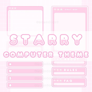 以下が含まれることがあります： ピンクと白のコンピューターテーマで、大きな泡のような文字で「STARRY」と書かれています。テーマには、チャットボックス、新しいタブボタン、および「概要」、「ルール」、「FAQ」のボタンが含まれています。