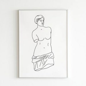 Puede incluir: Dibujo de l&iacute;nea de la estatua de Venus de Milo, una famosa escultura griega. La estatua se representa de perfil, con el brazo izquierdo faltante y el brazo derecho levantado. La estatua lleva una prenda drapeada alrededor de las caderas.