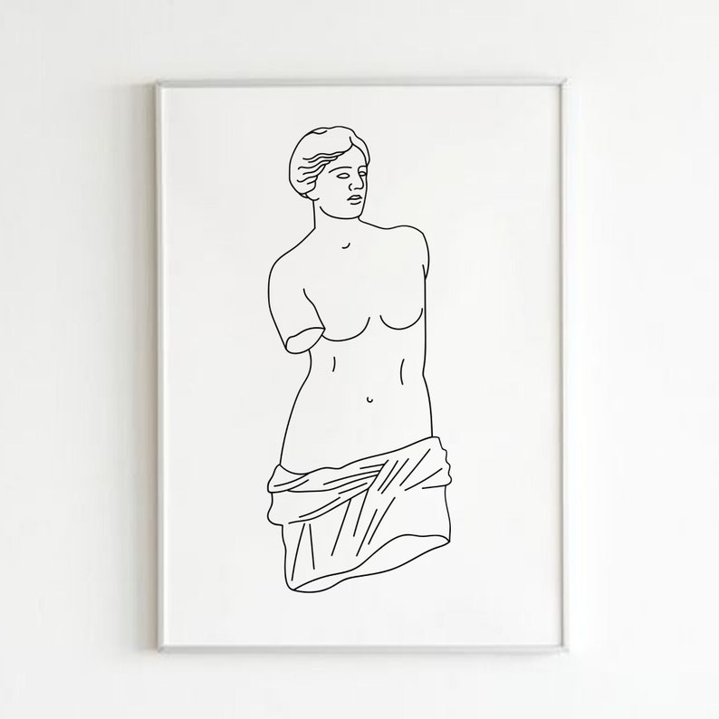 Puede incluir: Dibujo de l&iacute;nea de la estatua de Venus de Milo, una famosa escultura griega. La estatua se representa de perfil, con el brazo izquierdo faltante y el brazo derecho levantado. La estatua lleva una prenda drapeada alrededor de las caderas.