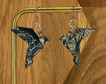 Origami Ohrringe - Vögel - Dunkelblau und Gold