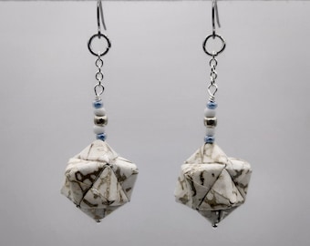 Origami Earrings - Kusudama - White and Silver