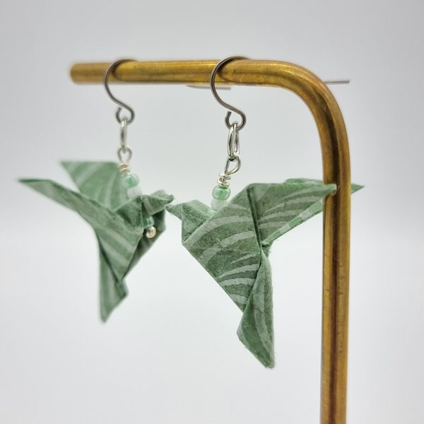 Origami Earrings - Birds - Green and White - Turquoise