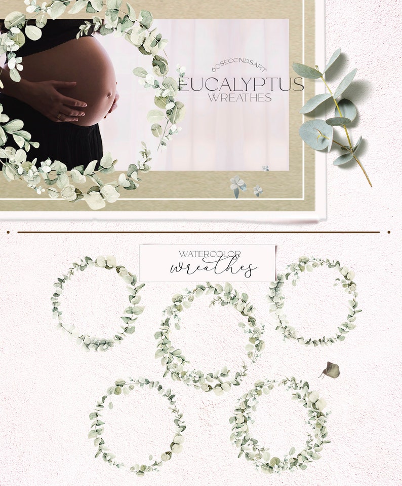 Watercolor eucalyptus wreath Greenery frame for wedding invitation Leaf Floral summer clipart Green leaves Card design Logo PNG